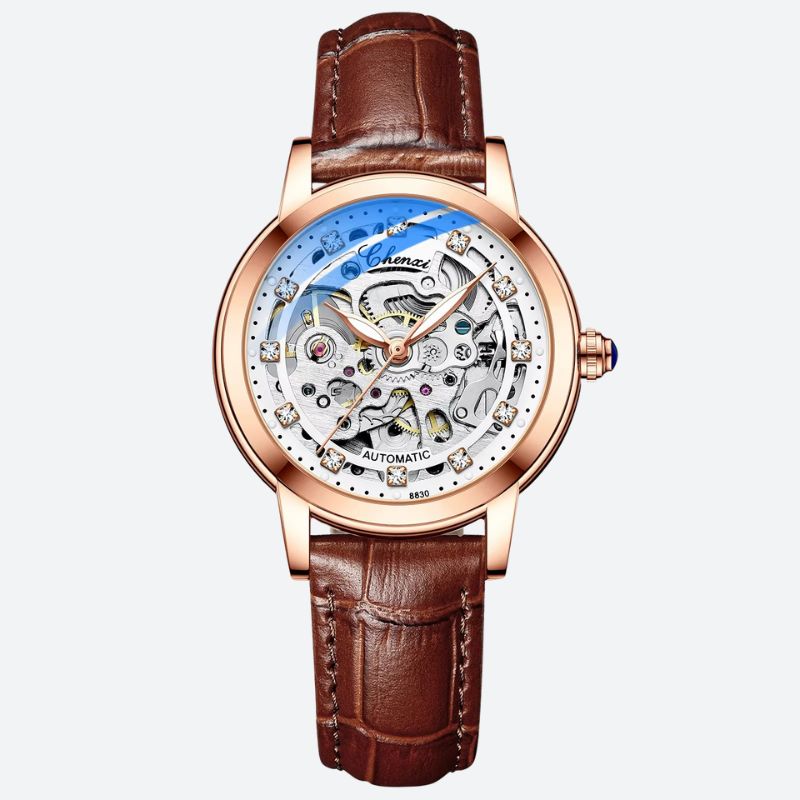 Montre Squelette Femme Automatique Étanche Cuir Véritable