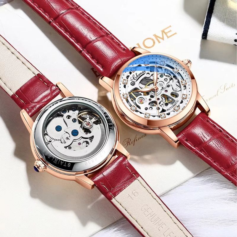 Montre Squelette Femme Automatique Étanche Cuir Véritable