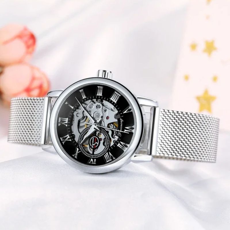 Montre Squelette Femme Métal Automatique Maille Milanaise