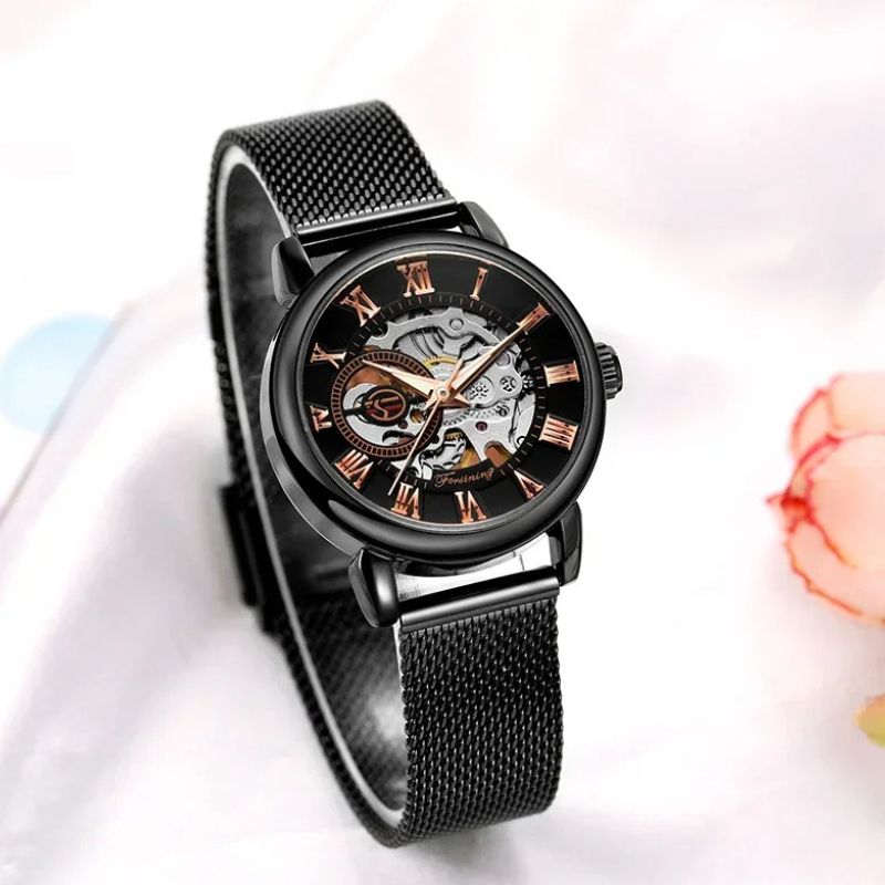 Montre Squelette Femme Métal Automatique Maille Milanaise