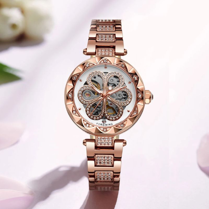 Montre Squelette Femme Métal et Strass Fleur