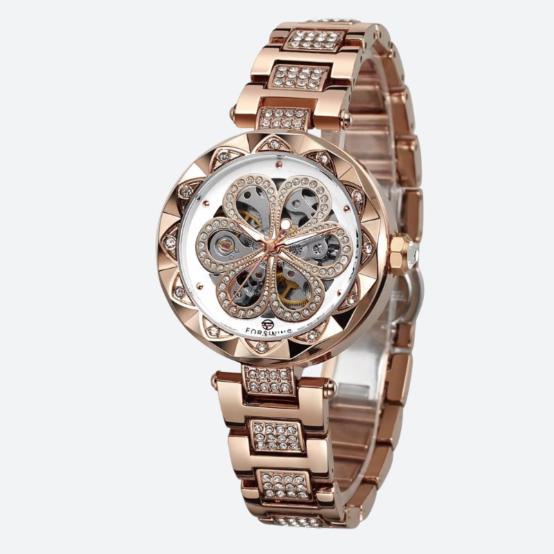 Montre Squelette Femme Métal et Strass Fleur