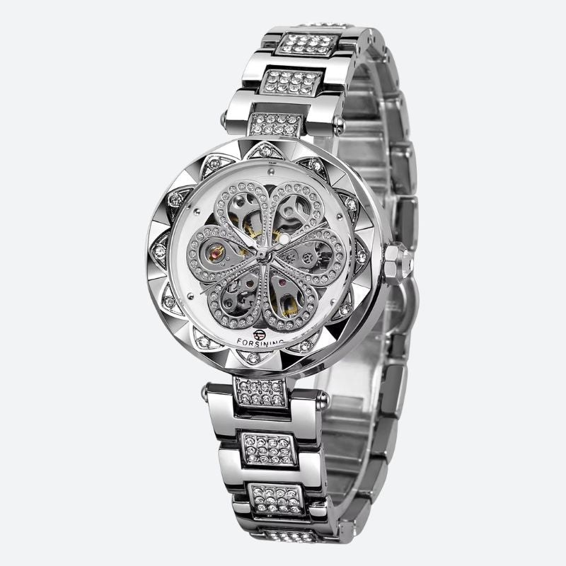 Montre Squelette Femme Métal et Strass Fleur