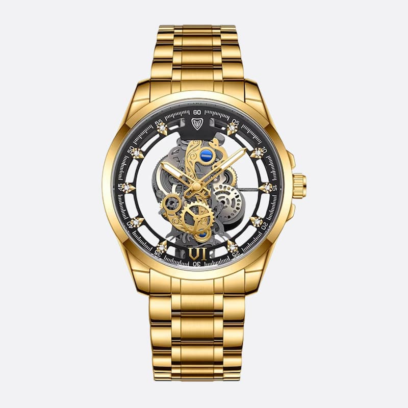 Montre Squelette Homme Acier Doré Quartz Lumineux