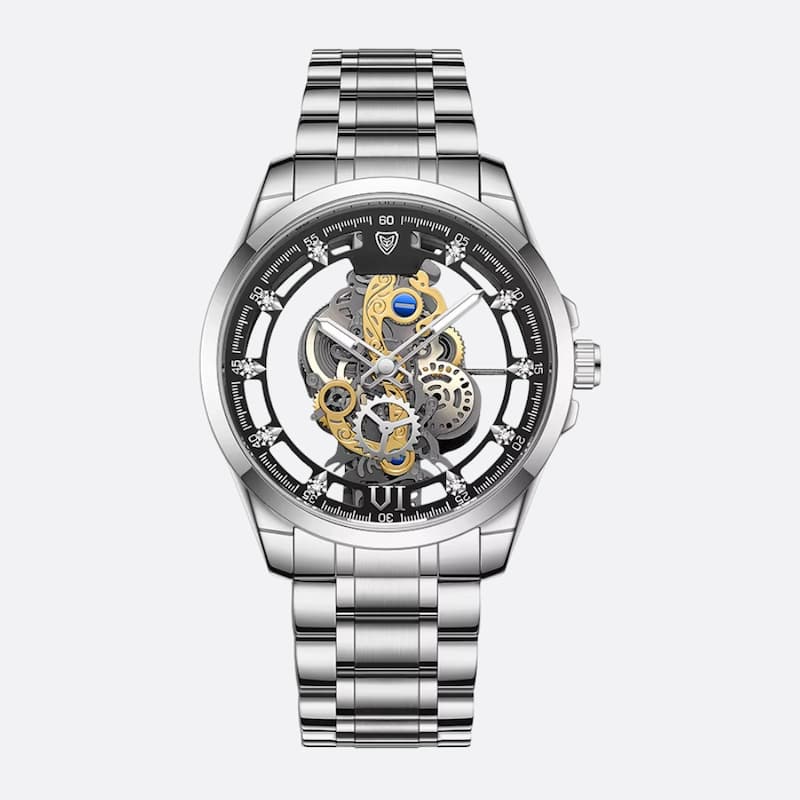 Montre Squelette Homme Acier Doré Quartz Lumineux