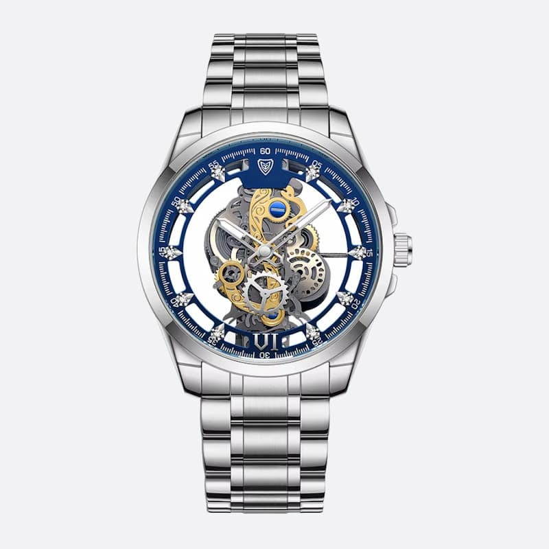 Montre Squelette Homme Acier Doré Quartz Lumineux