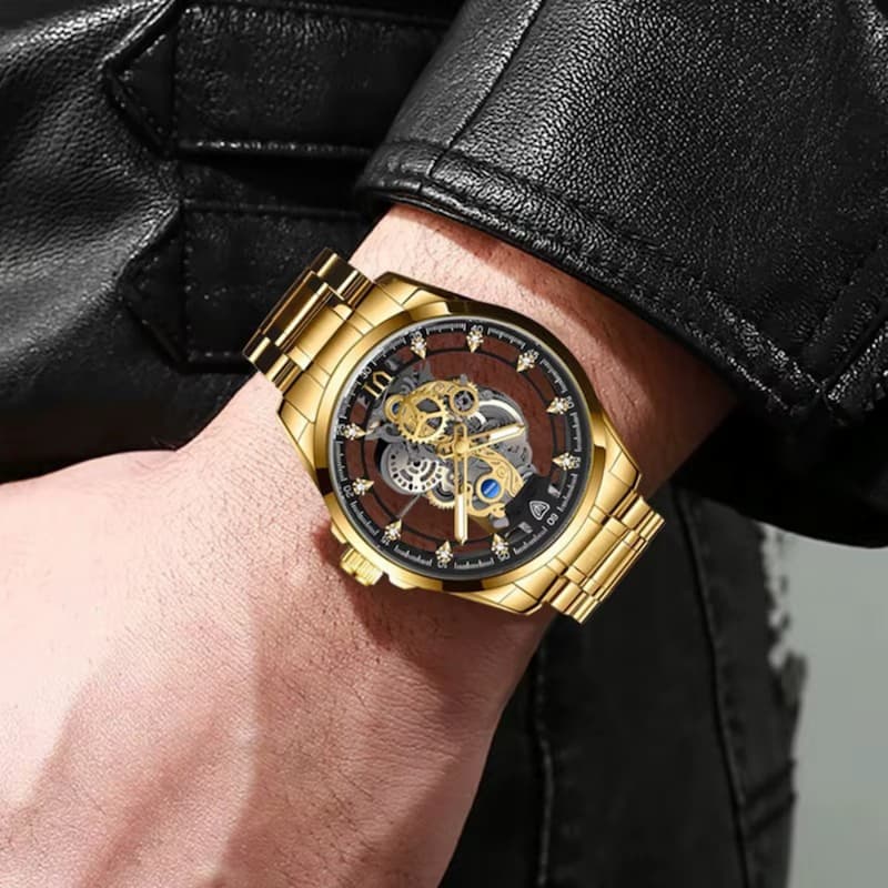 Montre Squelette Homme Acier Doré Quartz Lumineux