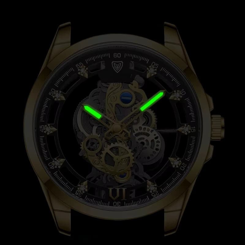 Montre Squelette Homme Acier Doré Quartz Lumineux