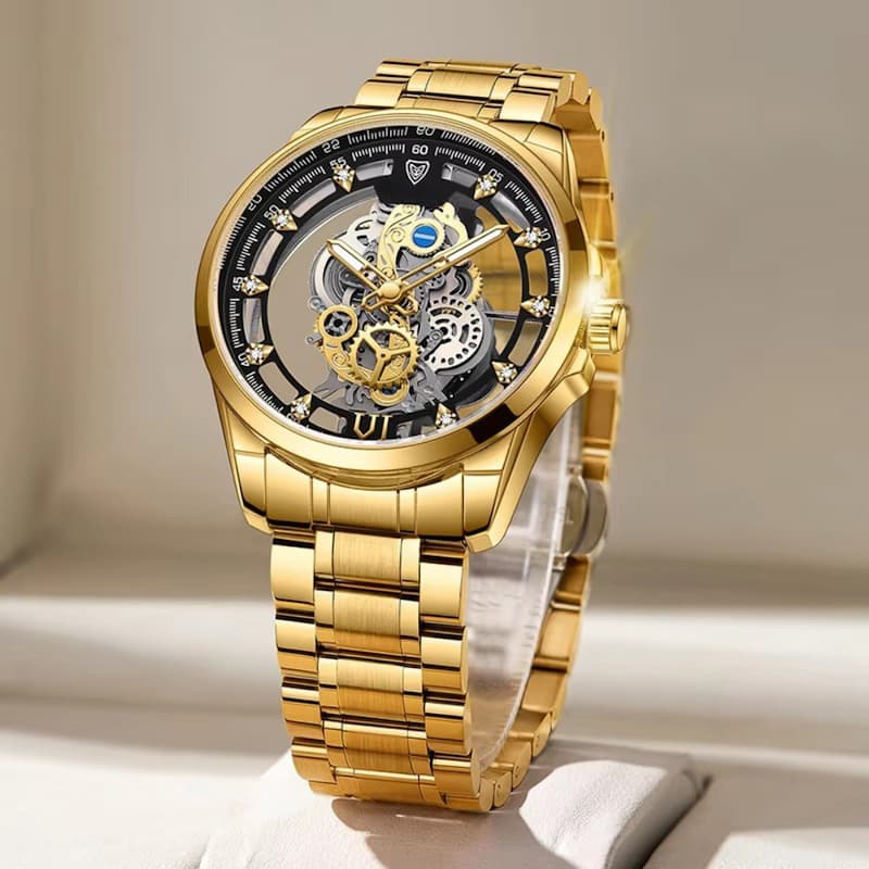 Montre Squelette Homme Acier Doré Quartz Lumineux
