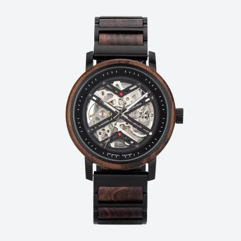 Montre Squelette Homme Acier et Bois Mécanique