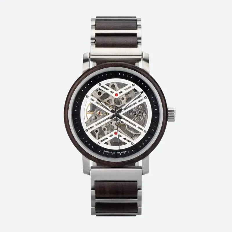 Montre Squelette Homme Acier et Bois Mécanique