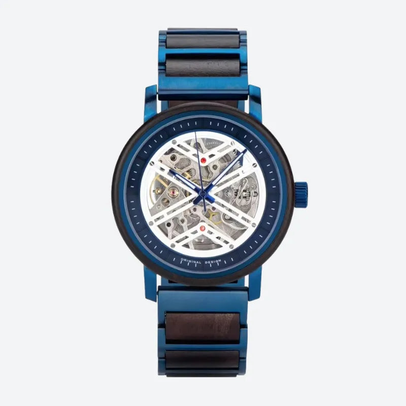 Montre Squelette Homme Acier et Bois Mécanique