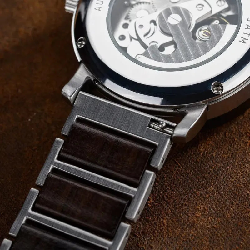 Montre Squelette Homme Acier et Bois Mécanique