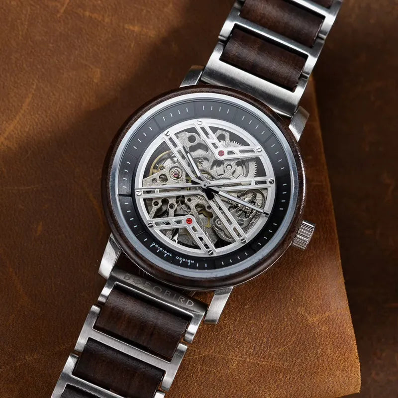 Montre Squelette Homme Acier et Bois Mécanique