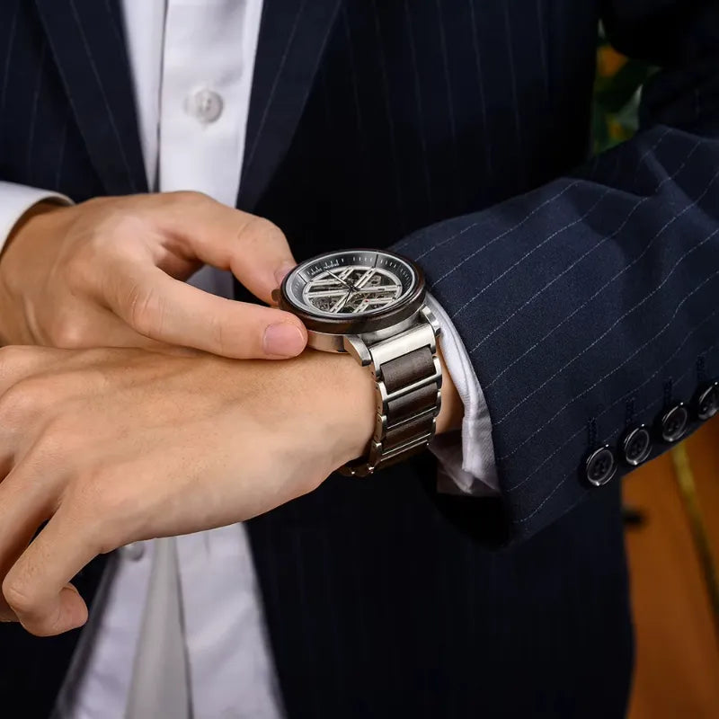 Montre Squelette Homme Acier et Bois Mécanique