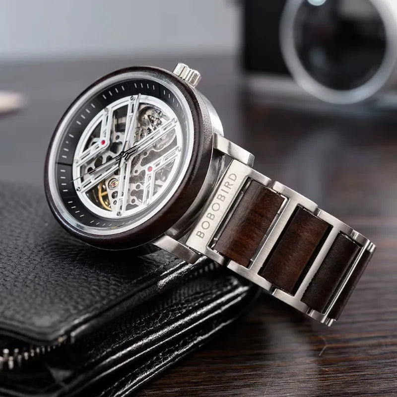 Montre Squelette Homme Acier et Bois Mécanique