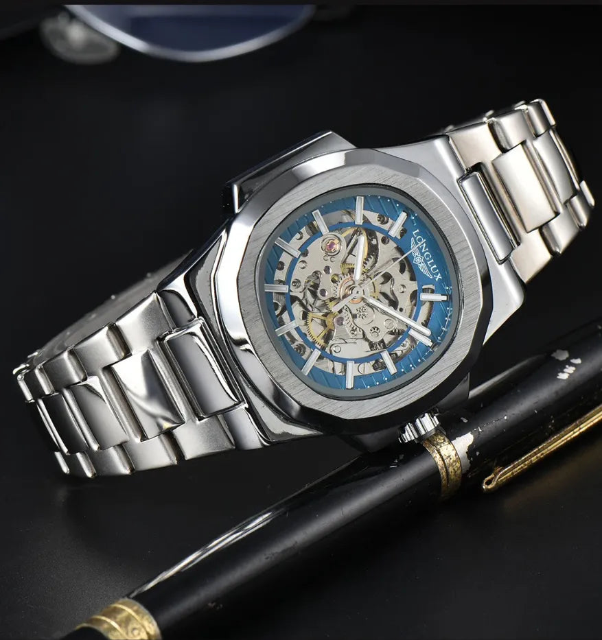 Montre Squelette Homme Automatique Mécanisme Apparent Acier