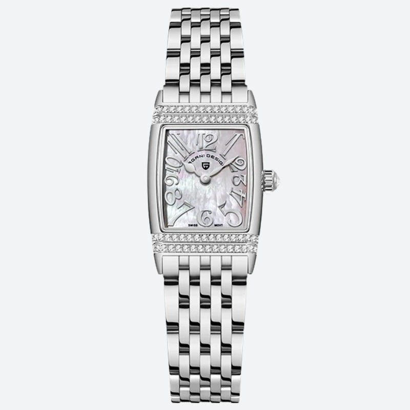 Montre Vintage Femme Rectangulaire Argent et Nacre