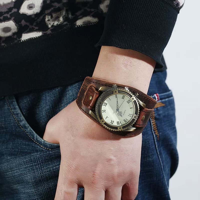 Montre Vintage Homme Cuir Quartz Cadran Romain