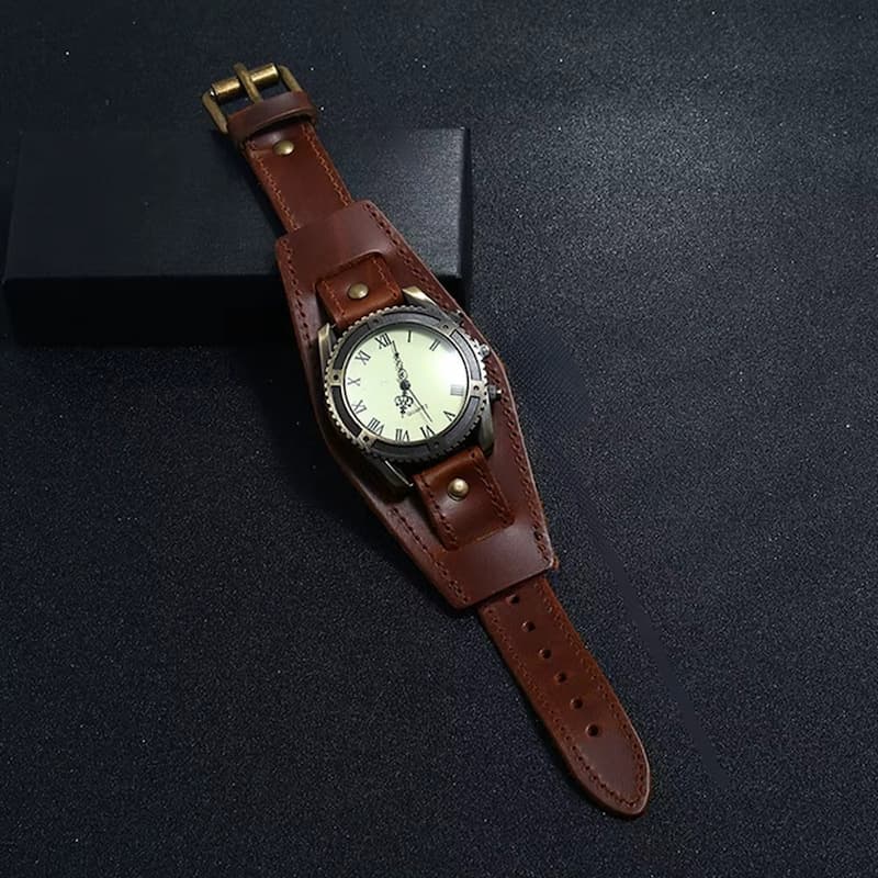 Montre Vintage Homme Cuir Quartz Cadran Romain